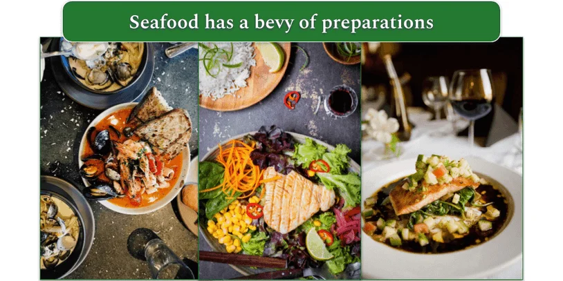 Multiple photos of prepared seafood dishes