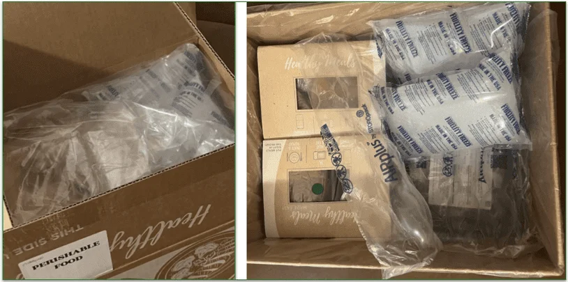 An open delivery box with plastic contents next to the plastic ice packs in the box