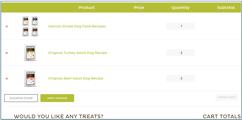 Screenshot of a Raised Right shopping cart