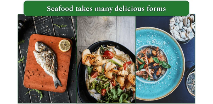 Side-by-side photos of prepared fish, shrimp, and octopus dishes