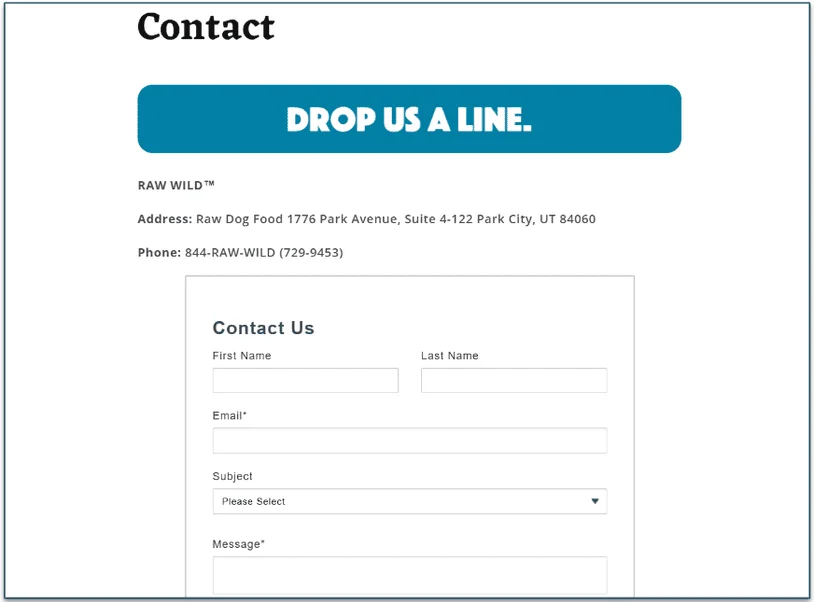 Raw Wild's Contact page