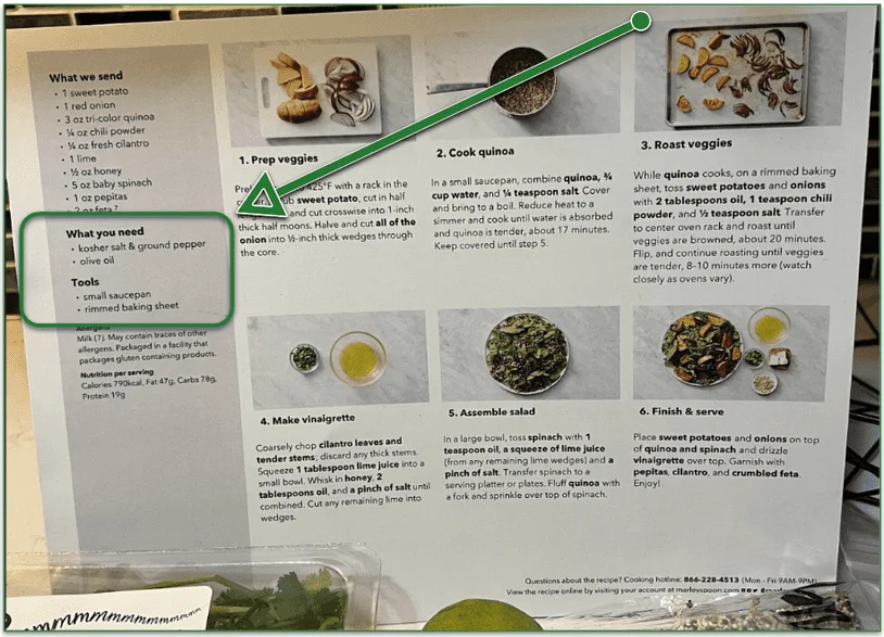 Photo of a Marley Spoon recipe card with the What you need and Tools sections highlighted