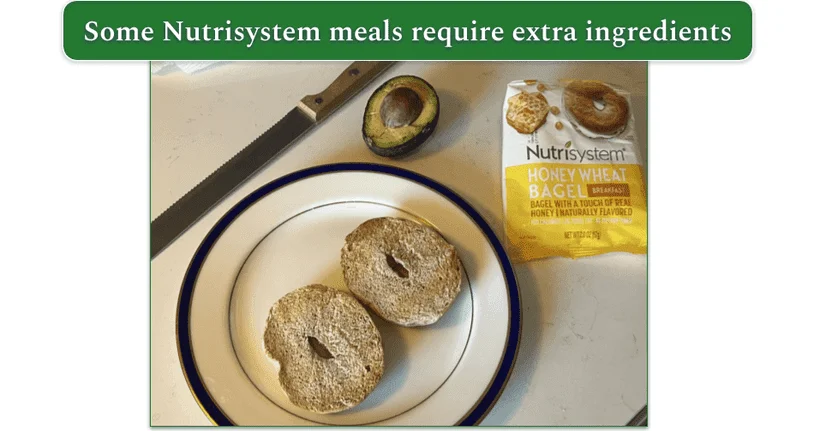 Nutrisystem's Honey Wheat Bagel toasted with no toppings next to half an avocado (not supplied by Nutrisystem)