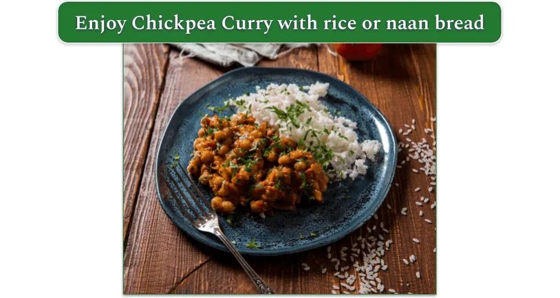 Chickpea curry and steamed rice on a plate