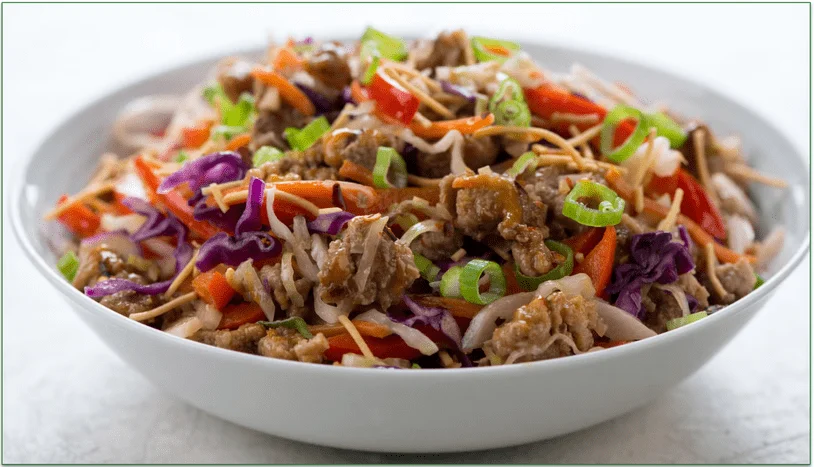 Home Chef's Pork Spring Roll Skillet with Satay Sauce & Crispy Rice Noodles