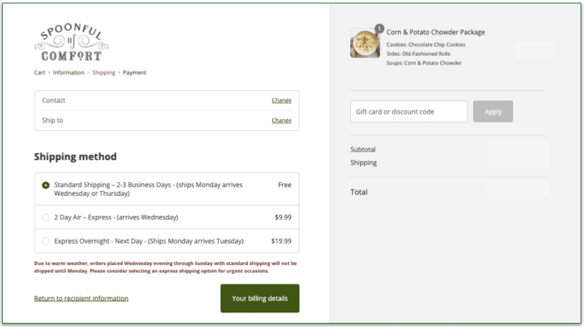 Screenshot of Spoonful of Comfort's checkout page with shipping options