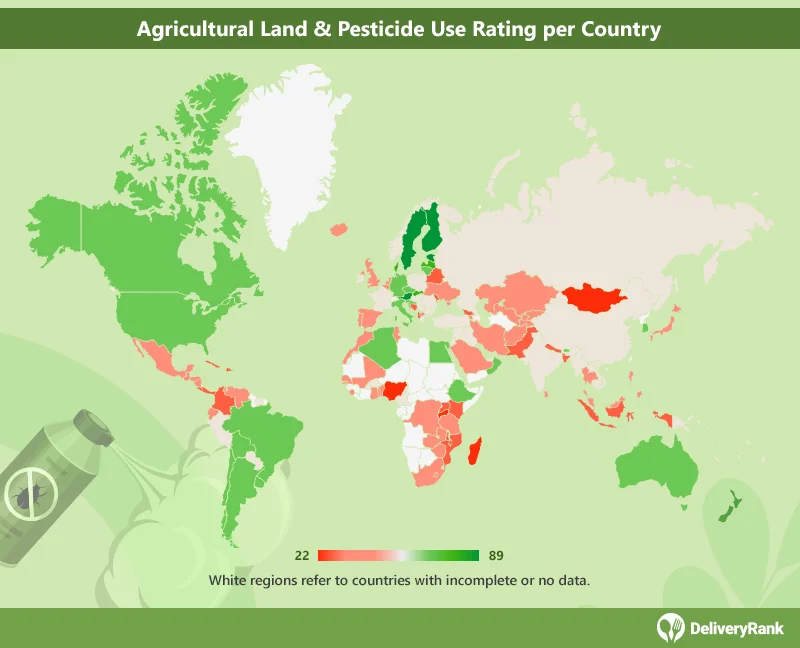 Geo chart of countries' scores in Agricultural Land & Pesticide Use