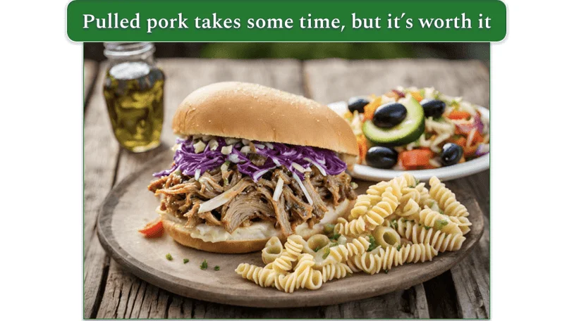 a pulled pork sandwich on a kaiser beside some pasta salad and fresh veggie salad