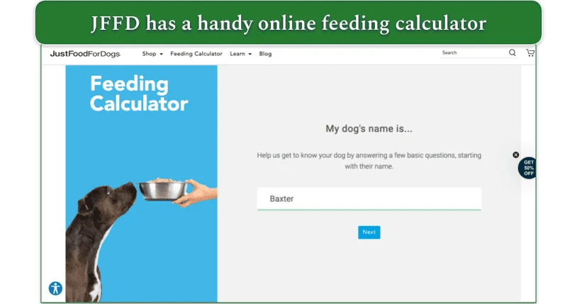 Screenshot of the first page of JustFoodForDog’s feeding calculator