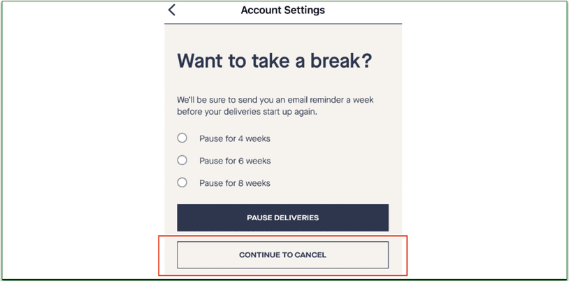 Hungryroot's options to pause or cancel