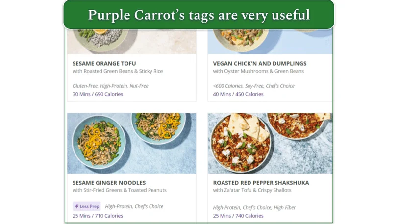 Image of Purple Carrot's menu with its menu tags highlighted