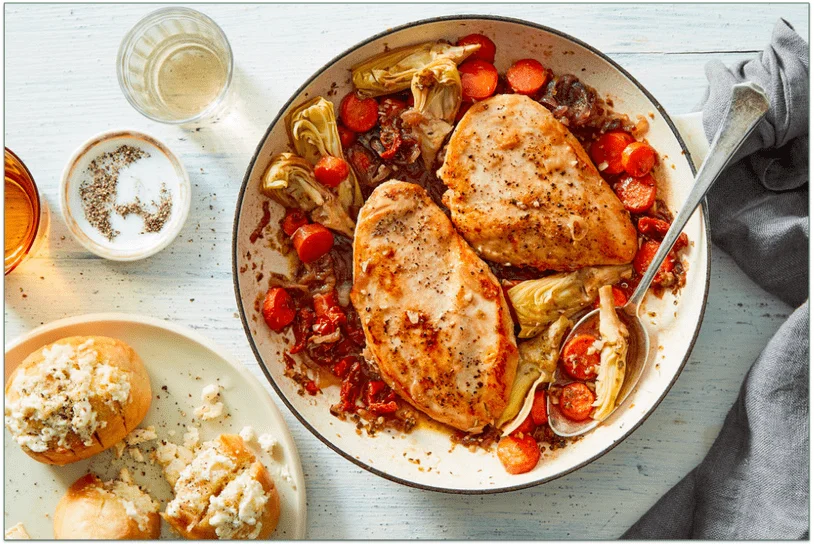 Marley Spoon's One-Pot Mediterranean Chicken with Toasted Feta Garlic Bread