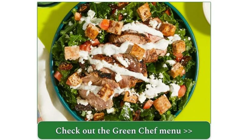Green Chef's Gyro-Spiced Pork Tenderloin Kale Salad with Garlicky Croutons, Tomato, Feta, and White Balsamic Vinaigrette