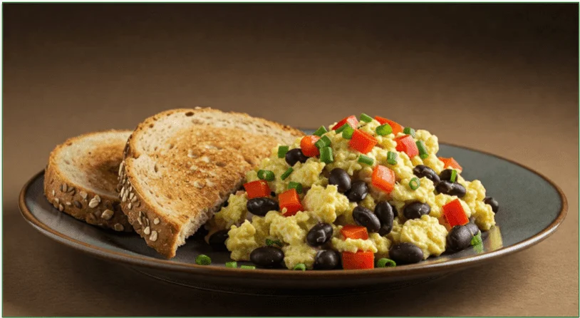 A plate of egg white, bean, and veggie scramble on toast.
