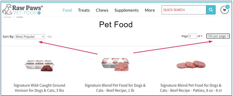 Raw Paws Pet Food on-page filtering options