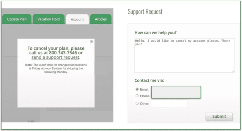 Freshology account tab and a support request to cancel