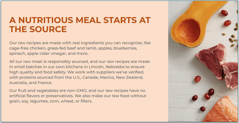 Instinct's information about ingredient sourcing