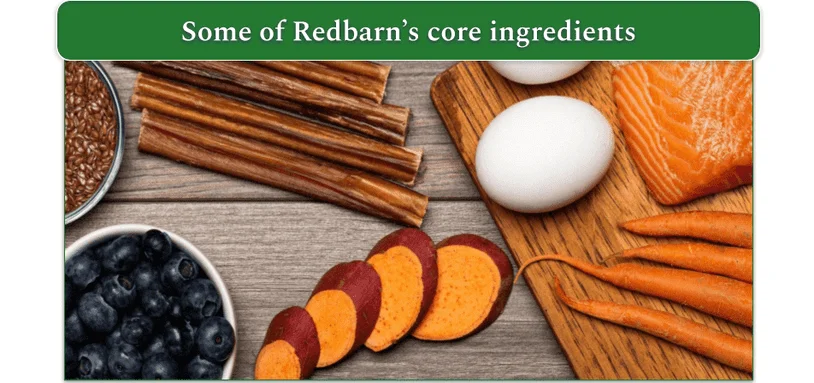 Redbarn's core ingredients including carrot, fish, and blueberries