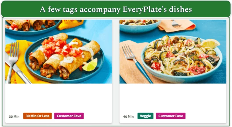EveryPlate's meals are accompanied by helpful tags and prep time