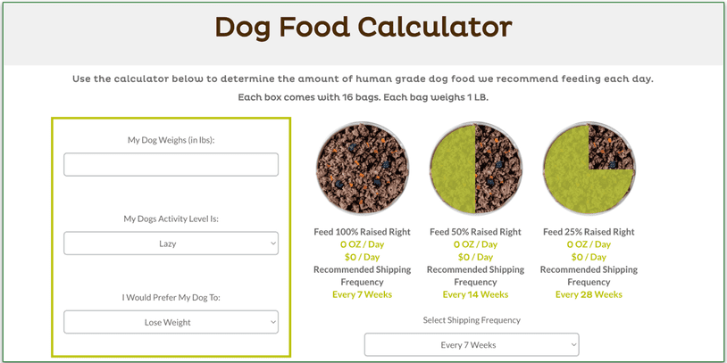 Screenshot of Raised Right’s dog food calculator page