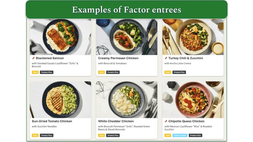 Screenshot of Factor's entrees