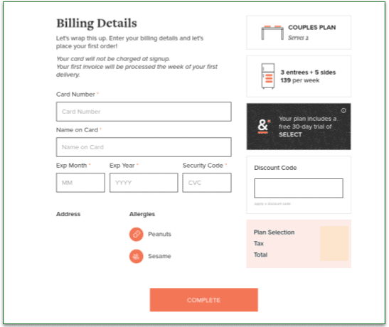 Billing information screen