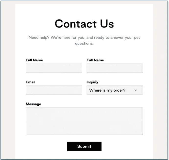 Screenshot of Maxbone's Contact Us email form.