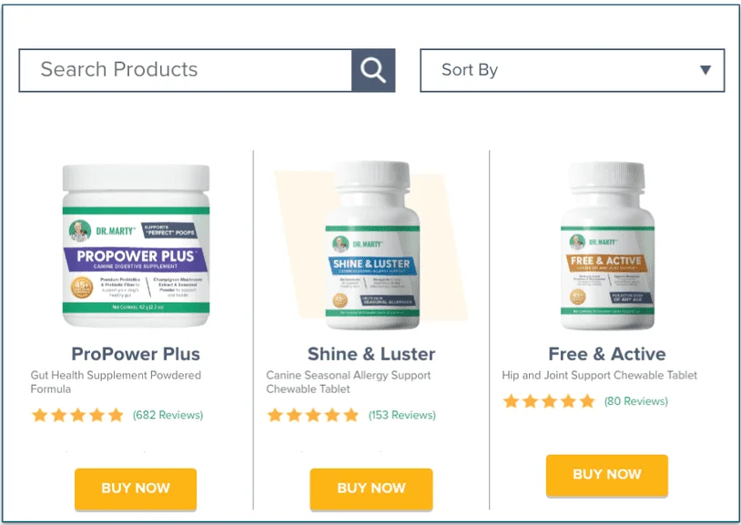 Screenshot of several supplements offered by Dr. Marty Pets.