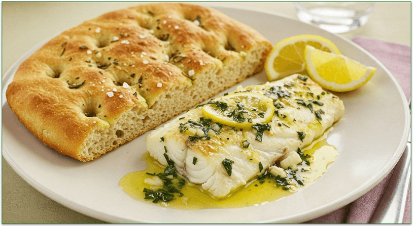 Grilled white fish in a buttery, lemony, herby sauce alongside some focaccia bread.