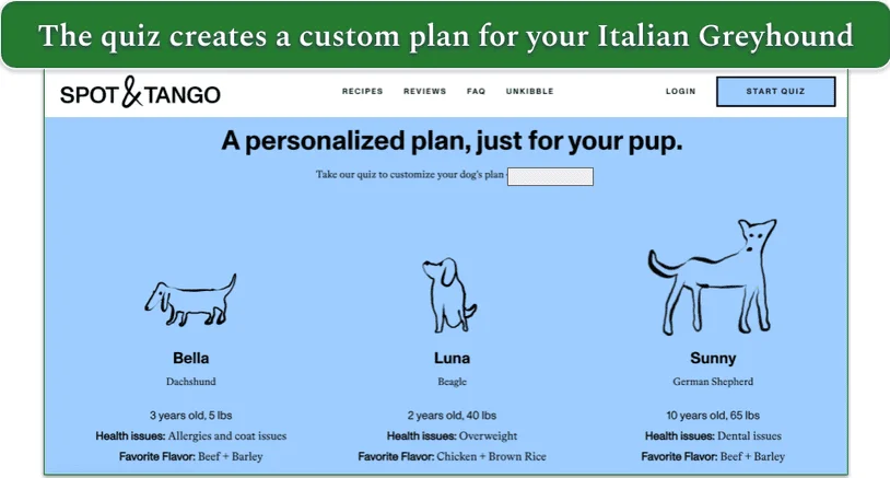 Screenshot of Spot & Tango’s website showing 3 plans for different breeds