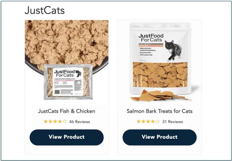 Screengrab of JustFoodFor Cats cat food offerings