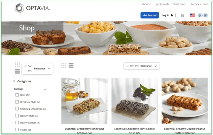 Screenshot of OPTAVIA's Shop screen