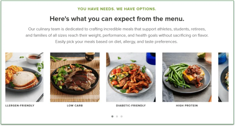Screenshot of Metabolic Meals' menu options including allergen-friendly and high protein