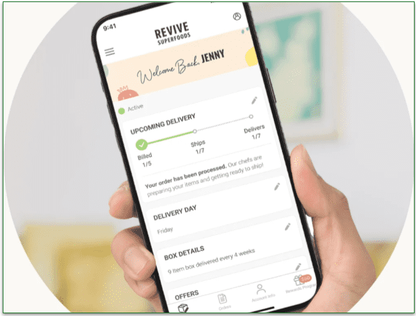 Revive Superfoods app displayed on a mobile