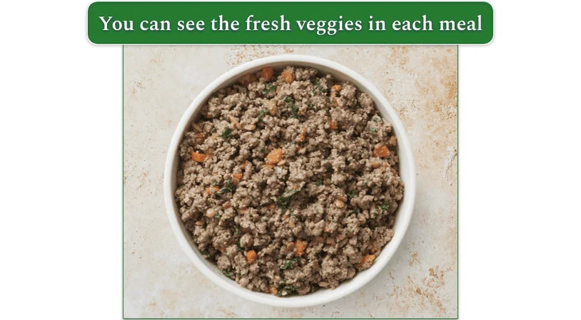 Bowl of TFD's dog food with carrots and kale visible