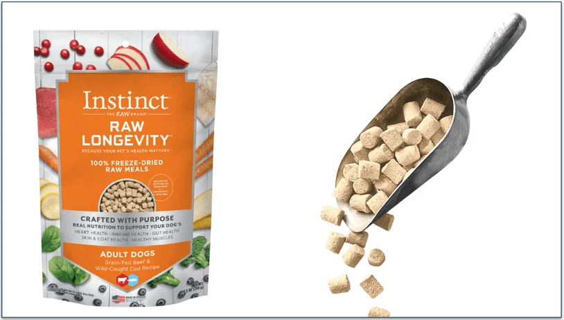Instinct's freeze dried Beef & Cod recipe in a pack and being poured from a scoop
