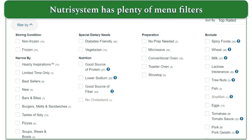 Screenshot of the filtering options on Nutrisystem's menu including dietary needs, nutrition, and exclusions
