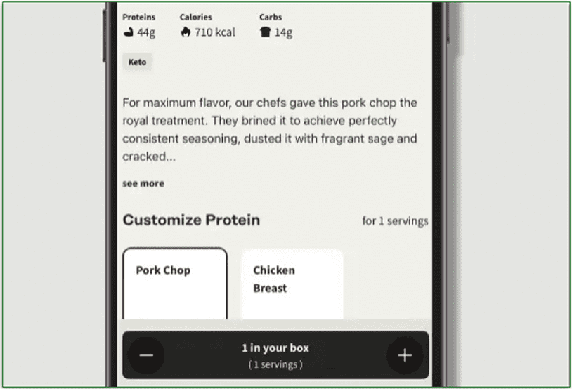screenshot showing Factor's Customize Protein options on  a recipe on the app