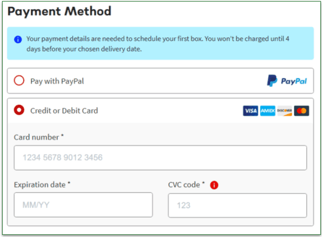 Chefs Plate payment screen