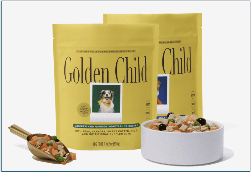 2 packs of Golden Child food pouches with a bowl and a scoop