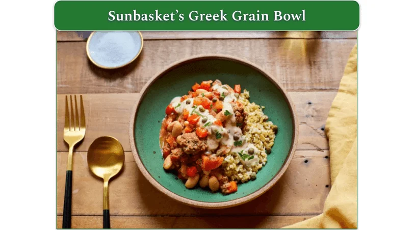 Sunbasket's Greek grain bowl with lamb ragout and lemon yogurt sauce