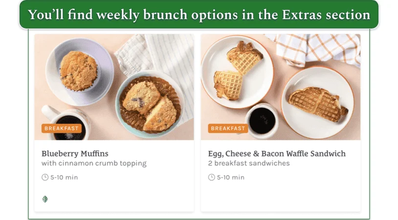 Screenshot of breakfast options on Home Chef’s Extras menu