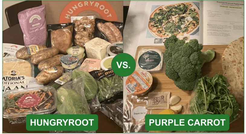 Comparison image of Hungryroot and Purple Carrot's ingredients