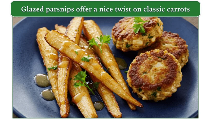 Parsnips on a plate beside several crab cakes.