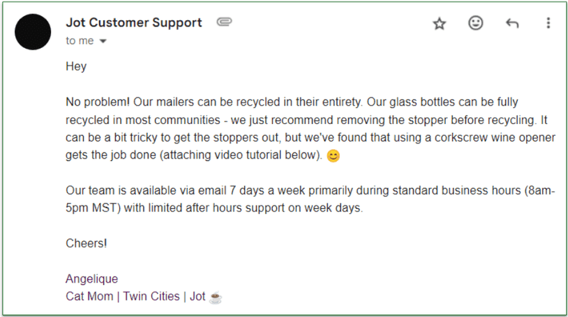Screenshot of an mail response from Jot Customer Support listing contact hours and information regarding recycling