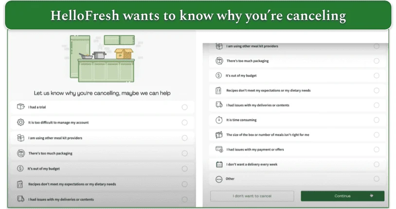 HelloFresh's reason for canceling screen with a list of options