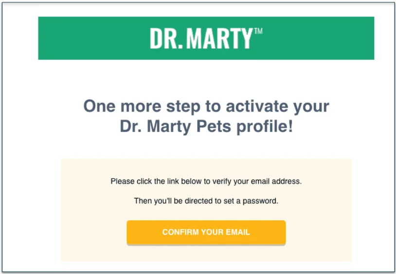 Screenshot of the Dr. Marty Pets confirmation email.