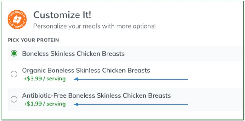 Screenshot of protein upgrade prices per serving.
