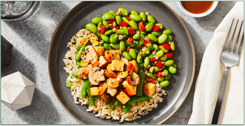 Factor's Smoked Tofu Almond Stir-Fry with Edamame Succotash & Soy Vinaigrette