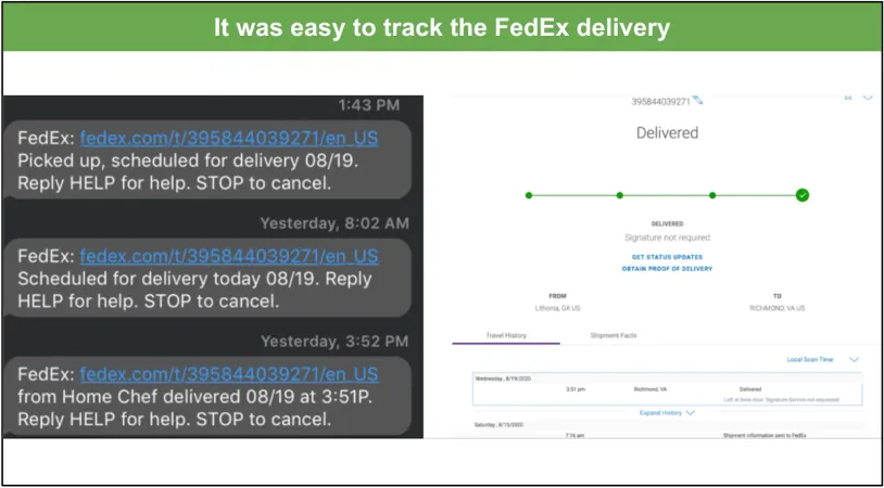 Screenshot of tracking a Home Chef delivery tracking via FedEx text updates